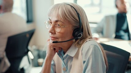 Poster - Call center, mature and glasses with woman in office for telemarketing, sales agent or advice. Lead generation, contact us and loan assistance with person in agency for help desk and communication
