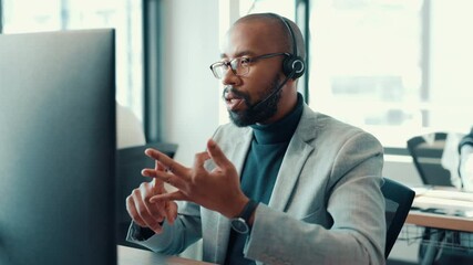 Aufkleber - Call center, talking and man with computer in office for communication, contact us and support. Professional, corporate and business person speaking for online help, consulting and customer service