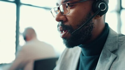 Poster - Call center, business and man with headset talking for communication, contact us and support. Professional, corporate office and person speaking for online help, consulting and customer service