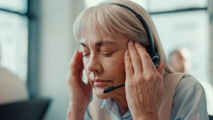 Aufkleber - Mature woman, headset and headache at call centre of account error, burnout and work pressure. Female agent, stress and migraine with tech support problem, customer complaint and brain fog in office