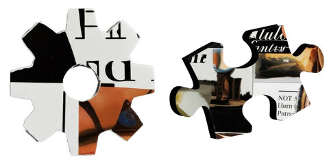 Wall Mural - PNG Two jigsaw puzzle pieces display diverse scenic fragments on a transparent background.