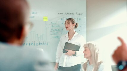 Poster - Presentation, seminar and woman in office, tablet and meeting for sales project, conversation and talk. People, employees and consultant in workplace, digital tech and internet with convention or app