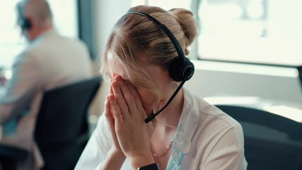 Aufkleber - Call center, consultant and headache with woman in office for customer support, fail and debt crisis. Hotline operator, contact us and fatigue with frustrated person in agency for communication