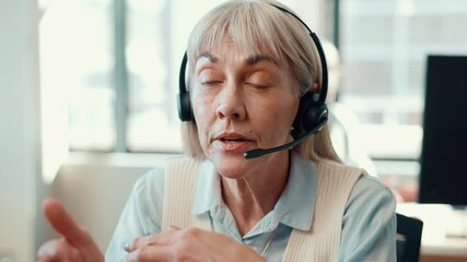 Poster - Call center, consultant and talking with woman in office for customer support, help desk and advice. Hotline operator, contact us and agent with mature person in agency for communication and crm