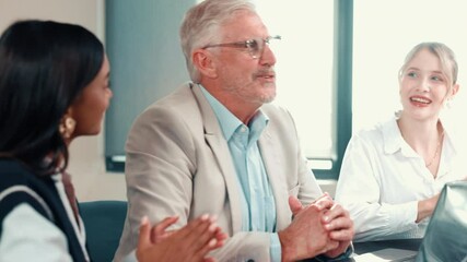 Poster - Handshake, meeting and team with business people in office for sales deal, stakeholder success and report. Budget approval, shaking hands and revenue growth with employees in agency for applause