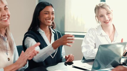 Poster - Handshake, meeting and smile with business people in office for sales deal, stakeholder success and report. Budget approval, shaking hands and revenue growth with employees in agency for applause