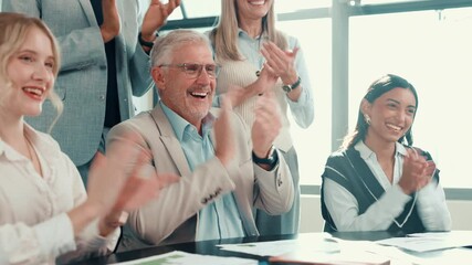 Poster - Success, applause and profit with business people in meeting for investment contract, support and deal. Winner, teamwork and achievement with employees in office for celebration and promotion