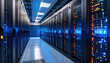 © adisorn - Server Room in Data Center: A high-tech server room illuminated with blue lights, showcasing rows of powerful servers, servers racks, and advanced IT equipment that drive our digital world.