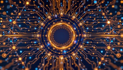 Wall Mural - abstract digital circuit design with illuminated lines and dots radiating from center