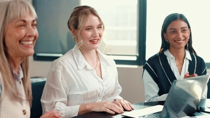 Poster - Handshake, meeting and applause with business people in office for sales deal, stakeholder success and report. Budget approval, shaking hands and revenue growth with women in agency for team