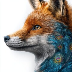 fox with peacock feather pattern overlay on fur isolated on clean white background