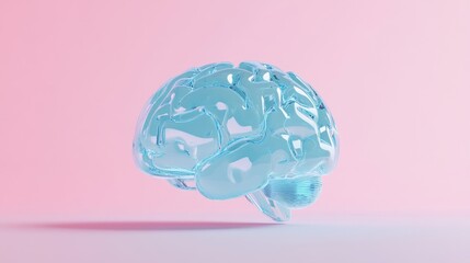 Wall Mural - Light blue, transparent brain model on a pastel pink background.