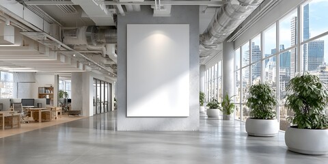 Wall Mural - modern office interior features high ceilings, exposed ductwork, and a central blank white billboard