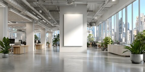 Wall Mural - modern office interior features high ceilings, exposed ductwork, and a central blank white billboard