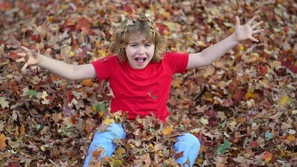 Wall Mural - Autumn child throws leaves. Child throwing up leaf. Kid plays with leaves. Joyful autumn leaf toss. Child throws leaves up. Autumn child tossing leaf. Kid throwing leaves with joy. Autumn fall.
