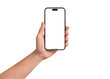 © Pornprasit Panada - Hand showing smartphone with blank screen isolated. Premium high quality studio shot. Concept for business technology and advertising.