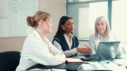 Aufkleber - Laptop, meeting and teamwork with business people in office for data chart, report and discussion. Collaboration, review and feedback with employees in agency for partnership, proposal and graph