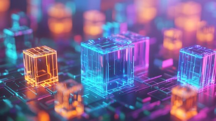Wall Mural - Transparent cubes with glowing circuitry on a network platform.