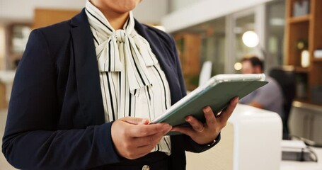 Poster - Hands, hotel and woman with tablet, employee and typing with digital app for reservation. Scroll, person and concierge with tech, hospitality and online booking with email for schedule and calendar