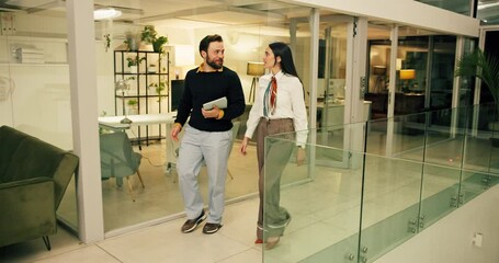 Poster - Office, tablet and business people at night walking for online proposal, project and website search. Creative agency, working late and man with woman on digital tech for report, meeting and teamwork