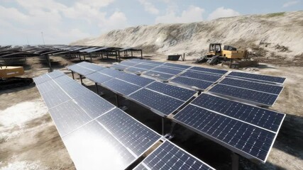 Solar panels array on a dirt ground