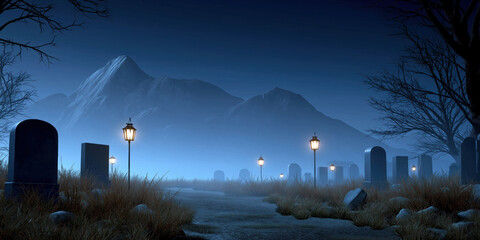 Wall Mural - A graveyard with a path leading to it. The path is lit by lanterns and the sky is dark