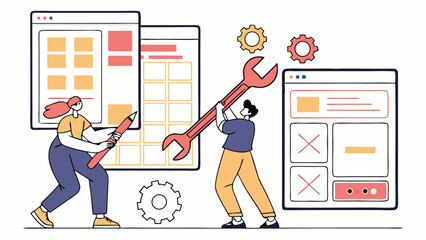 Illustration showing two people working on website design with tools and interface elements displayed
