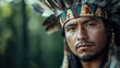 © Dulemegapixel - A striking portrait of an indigenous man wearing a beautifully crafted feathered headdress, highlighting cultural heritage and identity with depth and emotion in his gaze.