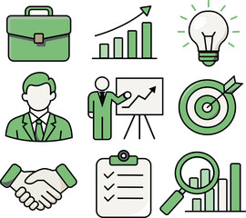 a professional set of vector business icons for topics like management, finance, marketing, and anal