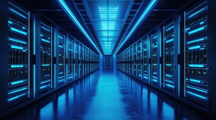 Fototapete - Futuristic data center corridor with glowing blue server racks and illuminated ceiling lights, depicting high-performance computing and secure digital infrastructure
