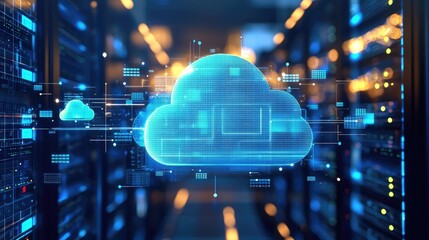 Poster - Digital blue cloud interface over a futuristic server room, visualizing advanced cloud computing, data storage systems, and next generation information infrastructure
