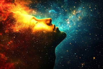 Wall Mural - silhouette of explorer gazing at celestial beauty through telescope against luminous milky way and s