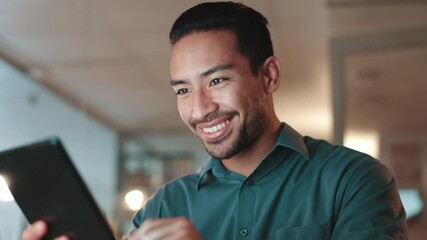 Aufkleber - Night, businessman and tablet in office with smile, scroll and article review for publication. Working late, journalist and tech in agency for research, positive feedback and story approval in email