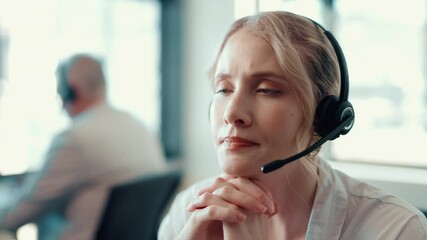 Poster - Call center, listening and woman with headset in office for communication, contact us and support. Business, corporate and person speaking for online advice, virtual consulting and customer service