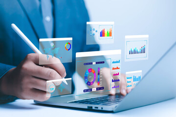 businessman showing progress, data, business plan, software, work chart, smart technology office tec