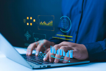 businessman showing progress, data, business plan, software, work chart, smart technology office tec