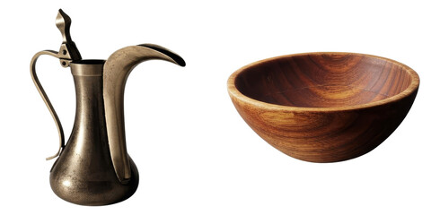 png vintage silver teapot and a wooden bowl are displayed on a transparent background.