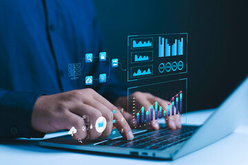 businessman showing progress, data, business plan, software, work chart, smart technology office tec