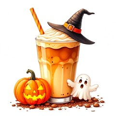 Wall Mural - an aesthetic watercolor iced coffee with halloween jack-o'-lanterns and ghost and witch hat, clear white background