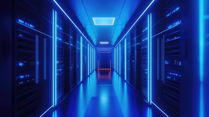 Aufkleber - Futuristic neon-lit data center with glowing blue lights and symmetrical server racks, ideal for digital infrastructure, cyber technology, or cloud system presentations
