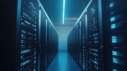 Aufkleber - Futuristic data center corridor with glowing server racks and ambient blue lighting, ideal for illustrating cloud computing, networking, storage systems, or IT infrastructure concepts