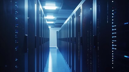 Aufkleber - Modern data center hallway with illuminated server cabinets and blue ambient lighting, perfect for themes of cybersecurity, data management, or IT infrastructure