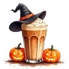 Wall Mural - an aesthetic watercolor iced coffee with halloween jack-o'-lanterns and ghost and witch hat, clear white background