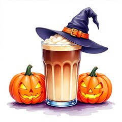 Wall Mural - an aesthetic watercolor iced coffee with halloween jack-o'-lanterns and ghost and witch hat, clear white background