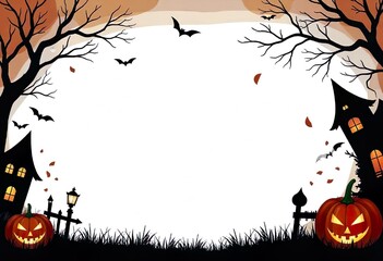 Wall Mural - Empty frame decorated with Halloween decor, pumpkins, bats, autumn leaves, on white background