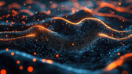 Aufkleber - Abstract wave of glowing orange and blue particles flowing through dark digital space, ideal for representing data streams, AI algorithms, or futuristic technology concepts