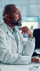 Aufkleber - Thinking, science and black man on computer in lab for medical research, biology study and report. Healthcare, pharmaceutical and unsure scientist with plants for medicine, vaccine or digital results