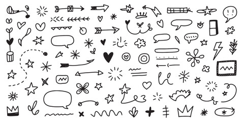 Cute line sketch star, arrow, heart decoration element icon set Illustration 
