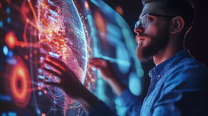 man interacting with digital interface displaying data and global network