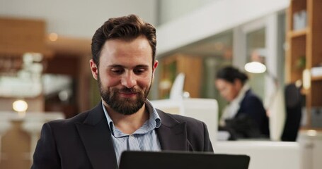 Poster - Happy, employee and man with laptop, hotel and preparing for meeting with tech, research and online. Reading, email and guest on business trip, smile and planning for presentation on website or motel